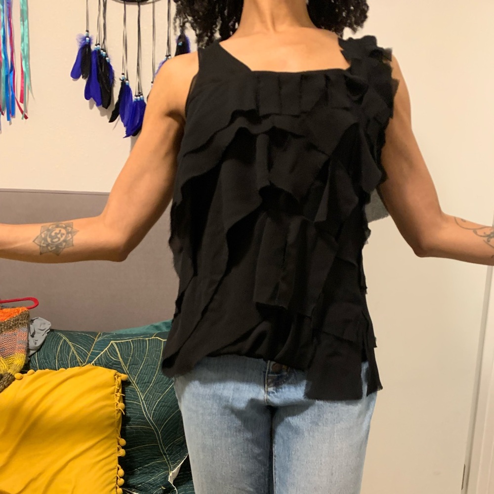 Elegant Asymmetrical Black Ruffle Top